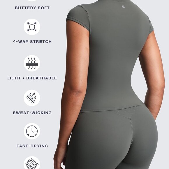 Stylish Women's Crew Neck Olive Haze Ruched Crop Top - PlushFlex Gym Wear - Picture 4 of 5